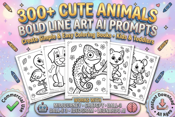 Download 300 Bold Cute Animal Coloring Prompts - Bold Collection
